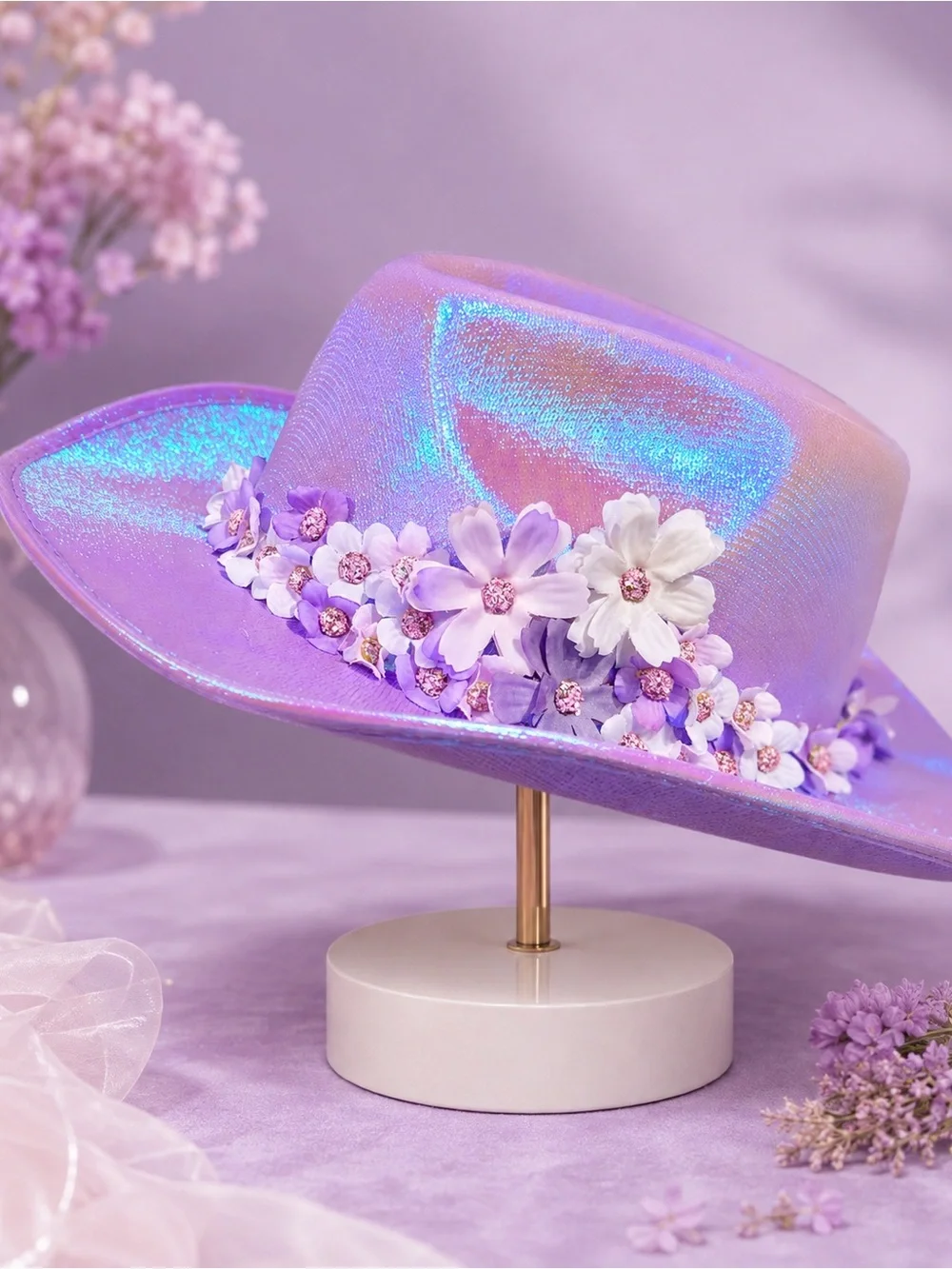 Iridescent Purple Cowboy Hat with Handmade Floral Hat Band